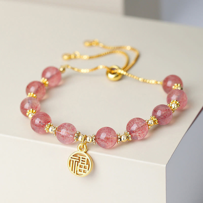 Natural Strawberry Quartz 14K Gold Plated Fu Character Charm Beaded Bracelet