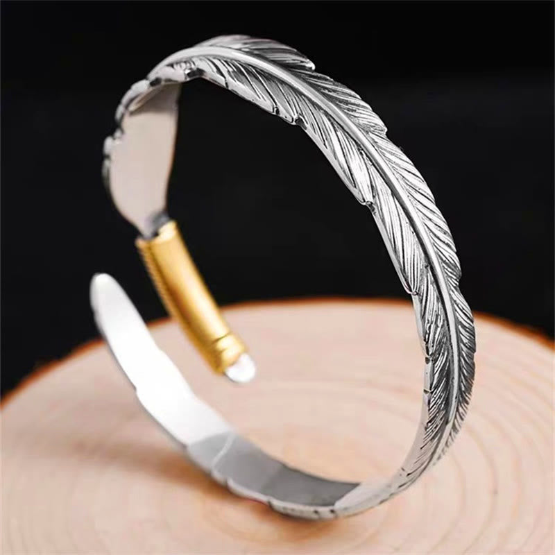 Feather Pattern Engraved Luck Cuff Bracelet Bangle
