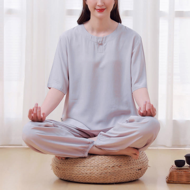 2Pcs Half Sleeve T-Shirt Pants Meditation Zen Tai Chi Cotton Linen Clothing Unisex Set