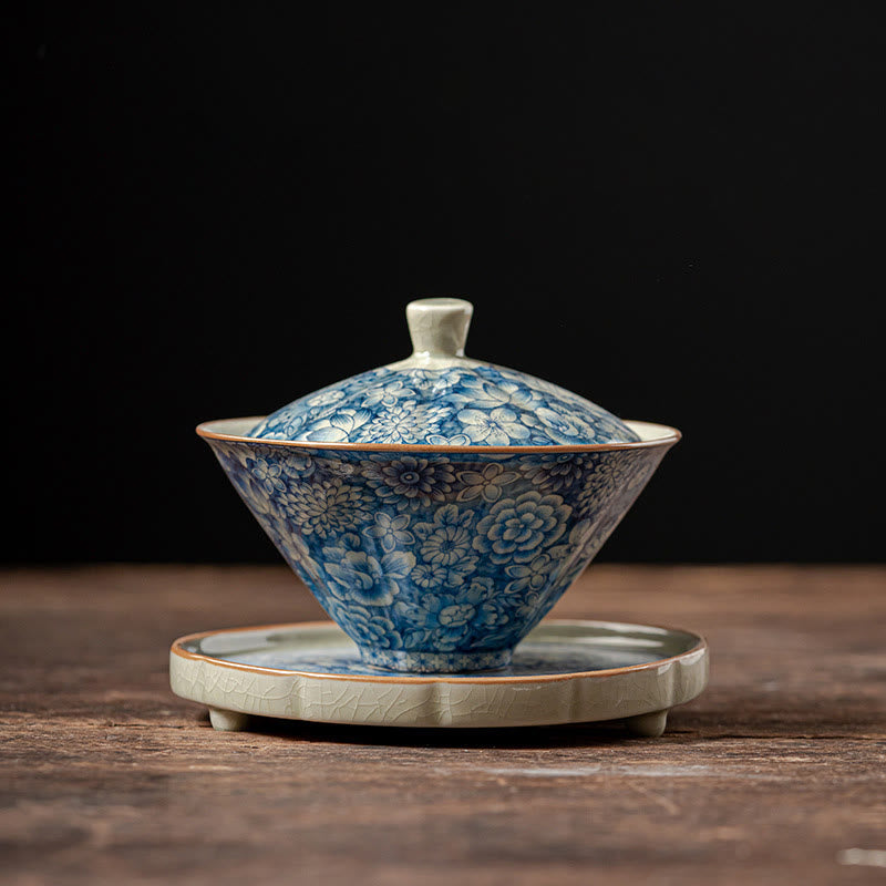 Vintage Blue And White Porcelain Peach Blossom Lotus Peony Ceramic Gaiwan Sancai Teacup Kung Fu Tea Cup And Saucer With Lid