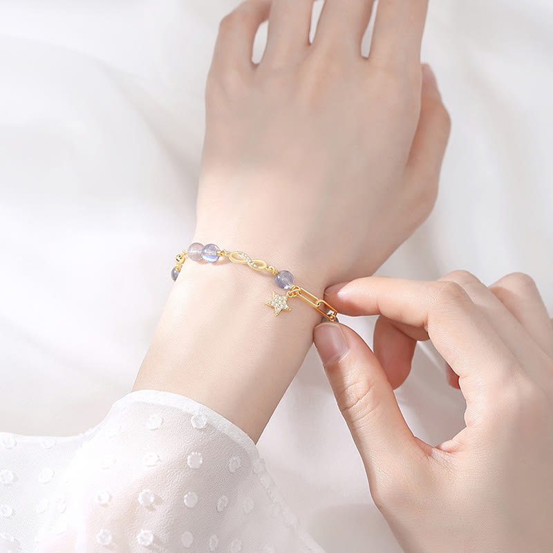 14K Gold Plated Möbius Loop Star Natural Moonstone or Strawberry Quartz Bracelet