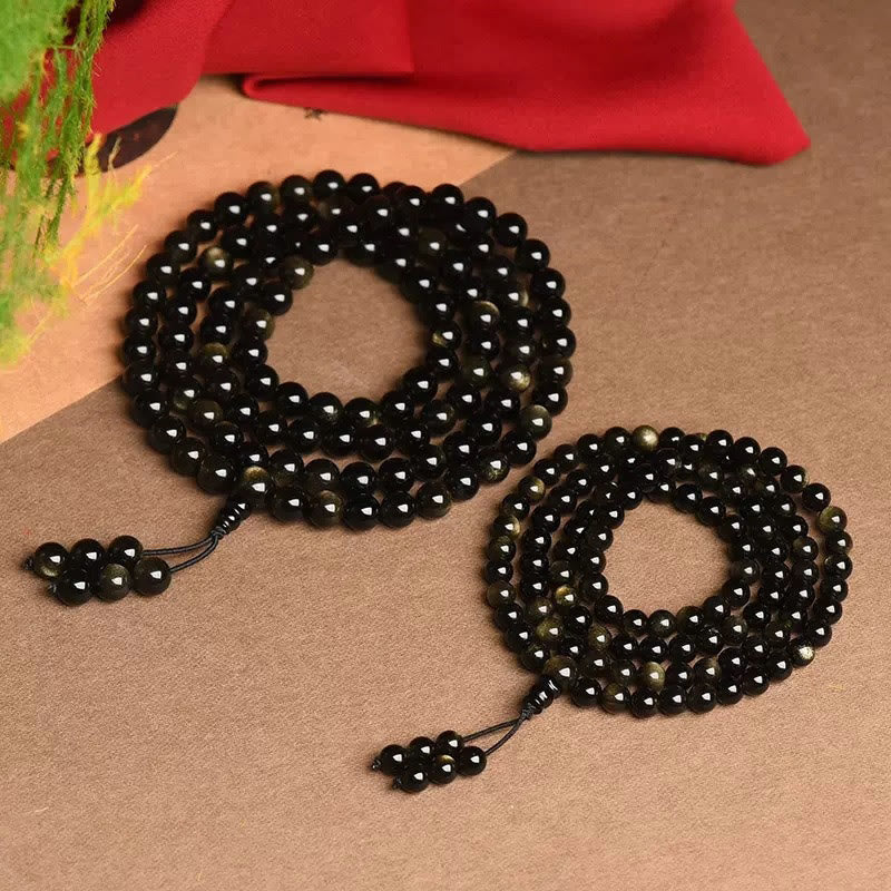 108 Mala Beads Natural Gold Sheen Obsidian Wealth Bracelet