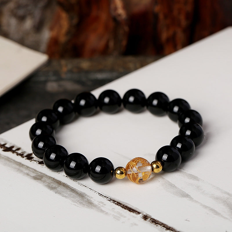 Natural Black Obsidian White Crystal Black Onyx Dragon Strength Bracelet