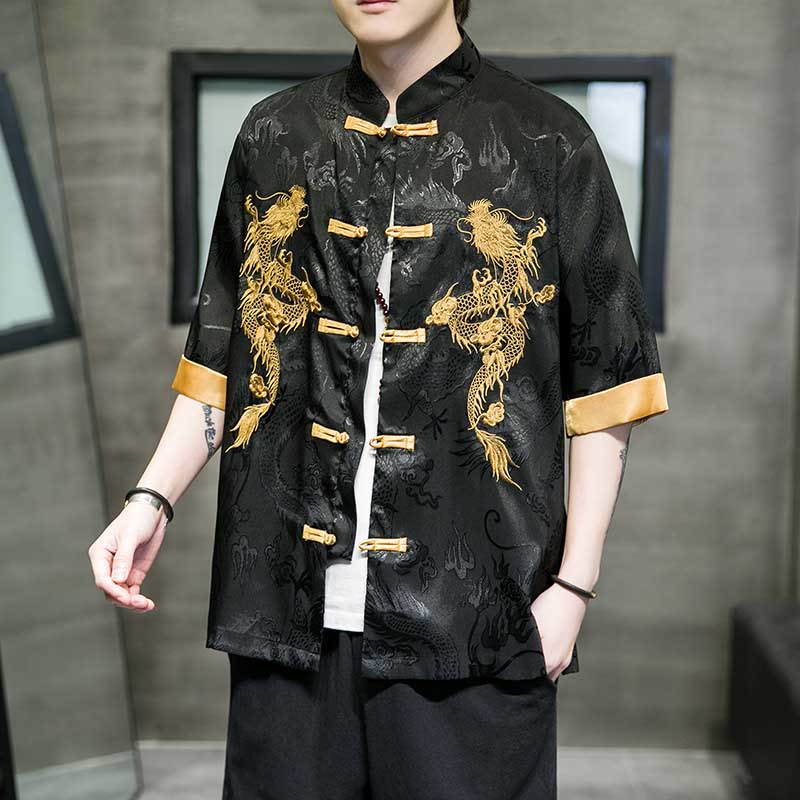 Frog-Button Chinese Dragon Embroidery Half Sleeve Shirt Linen Men Clothing