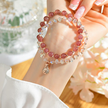 Strawberry Quartz and Clear Quartz Wealth Bag Copper Charm Bracelet for Women