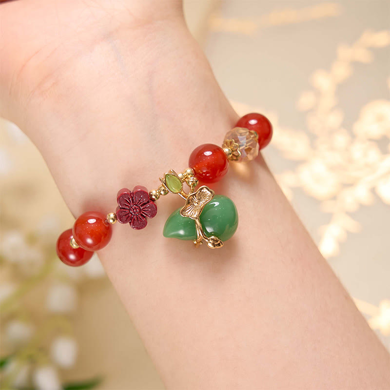 Natural Agate and Clear Quartz Beaded Bracelet with Cinnabar Flower and Wu Lou Gourd