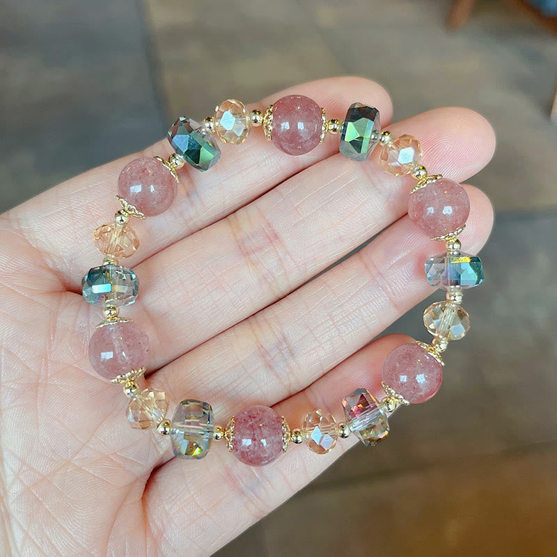 Natural Strawberry Quartz and Multi-color Crystal Positive Energy Bracelet