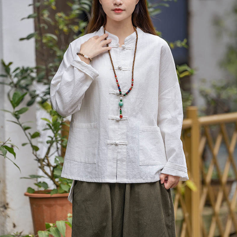 Frog-Button Design Shirt Tai Chi Meditation Top Clothing Ramie Linen Jacket