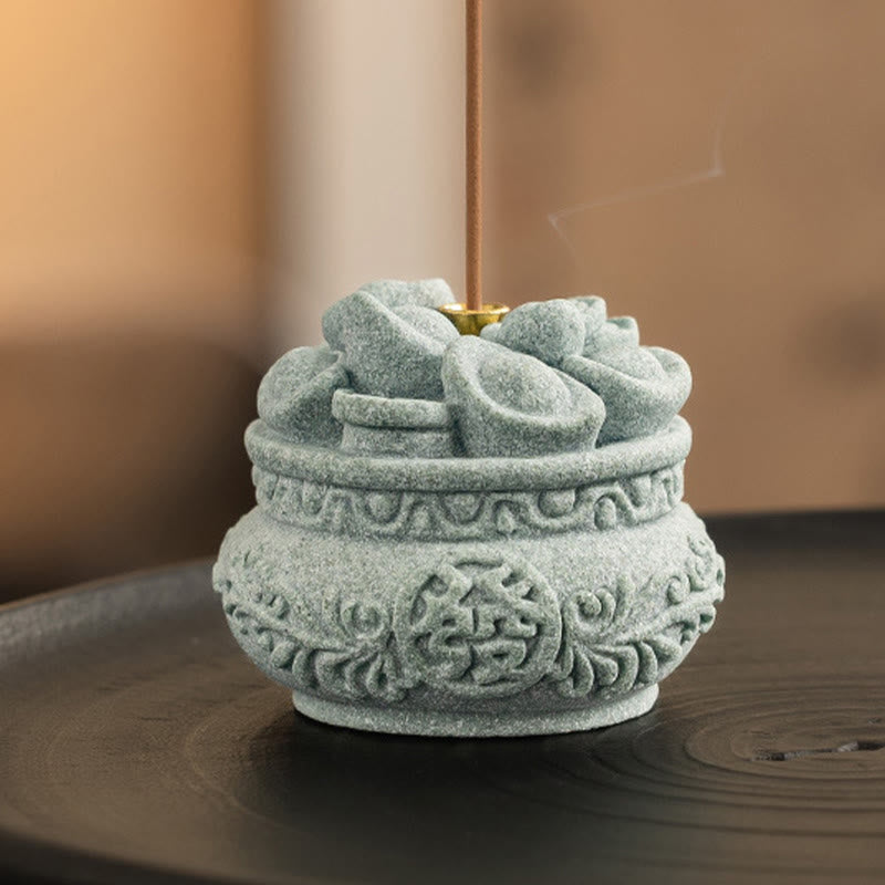 Goldstone Sycee Ingot Incense Burner with Fu Symbol Desk Meditation Tool
