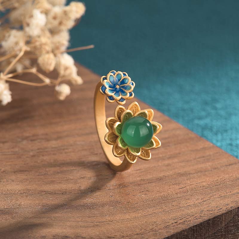 Adjustable Hand-Finished Jade Lotus Pattern Ring