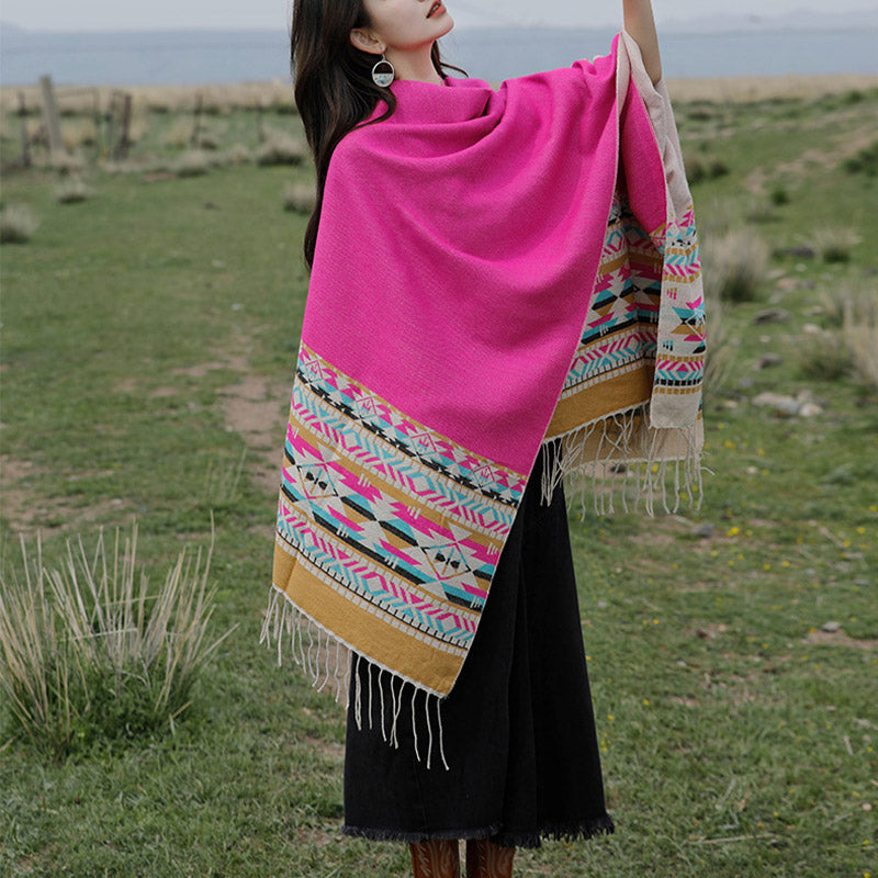 Tibetan Shawl Colorful Geometry Winter Cozy Travel Scarf Wrap