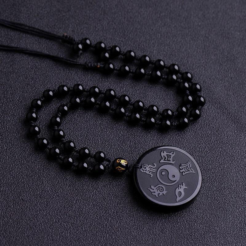 Natural Black Obsidian Taoism Five Sacred Mountains Nine-Character Mantra Carved Strength Yin Yang Necklace Pendant Key Chain