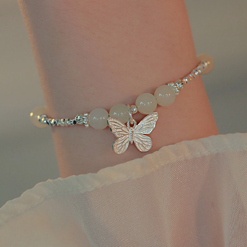 925 Sterling Silver Natural Hetian Jade Luck Butterfly Charm Bracelet