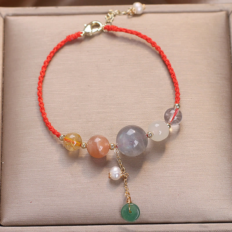 Multi-Gemstone Rope Bracelet with Moonstone, Sunstone, Hetian Jade & Ping An Kou Charm