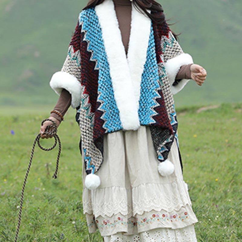Tibetan Multicolored Wavy Lines Knitted Striped Shawl Coat Winter Cozy Travel Scarf Wrap