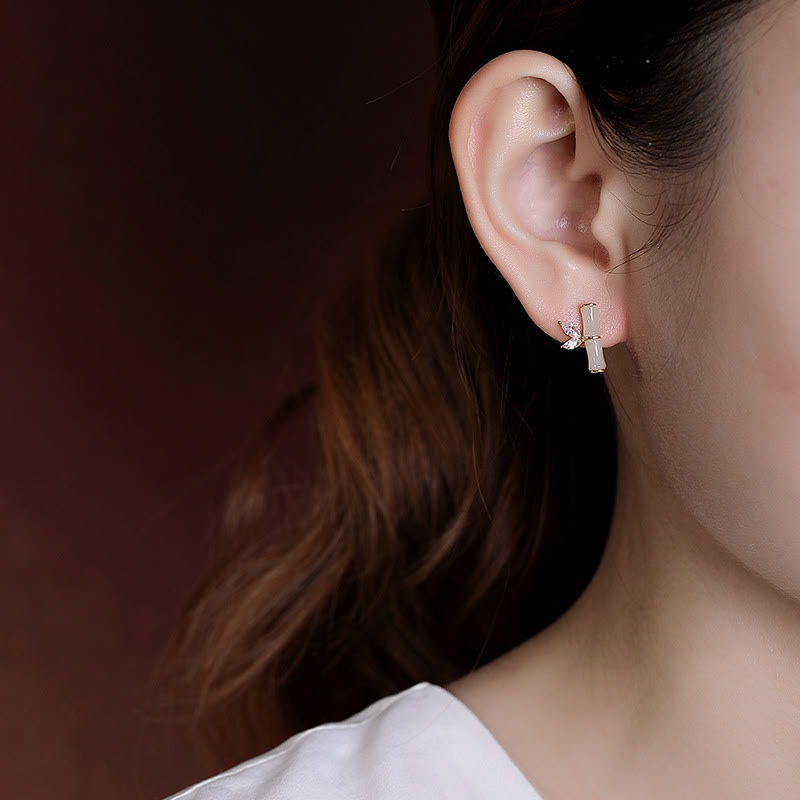 Gold Plated 925 Sterling Silver Bamboo Pattern Jade and Agate Stud Earrings