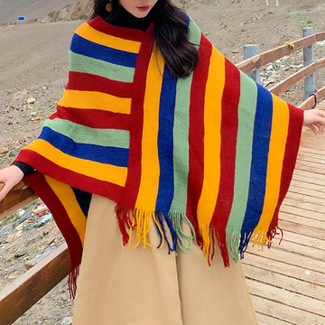 Knitted Striped Tassel Pullover Meditation Shawl Wrap