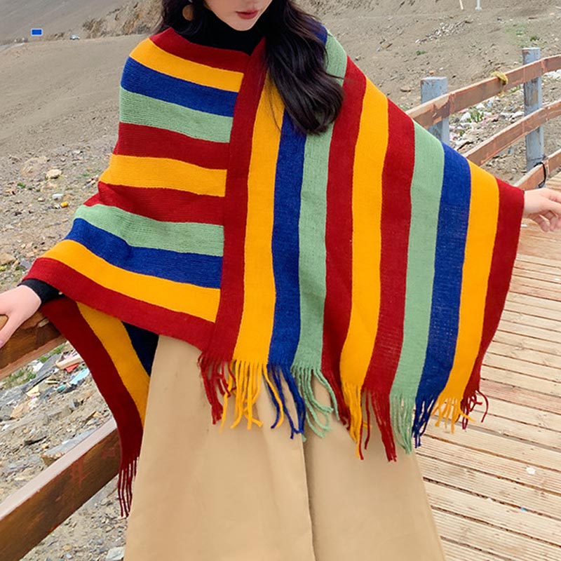 Knitted Striped Tassel Pullover Meditation Shawl Wrap