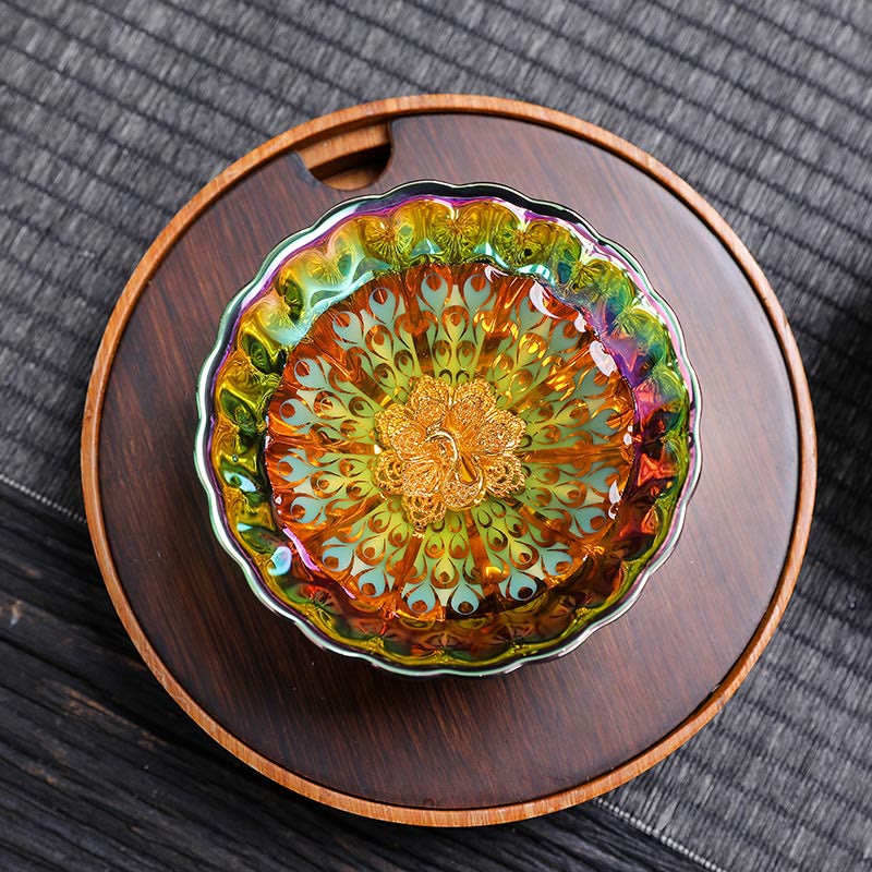 Vivid Peacock Lotus Inlaid Design Colorful Chinese Jianzhan Ceramic Teacup Kung Fu Tea Cup