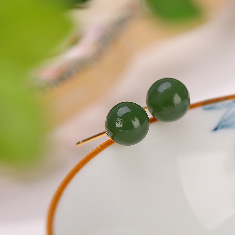 925 Sterling Silver Round Cyan Jade Healing Calm Stud Earrings