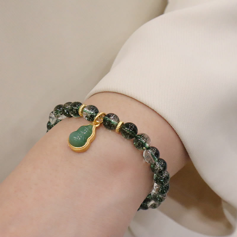 Natural Green Phantom Quartz Beaded Charm Bracelet with Buddha or Wu Lou Gourd