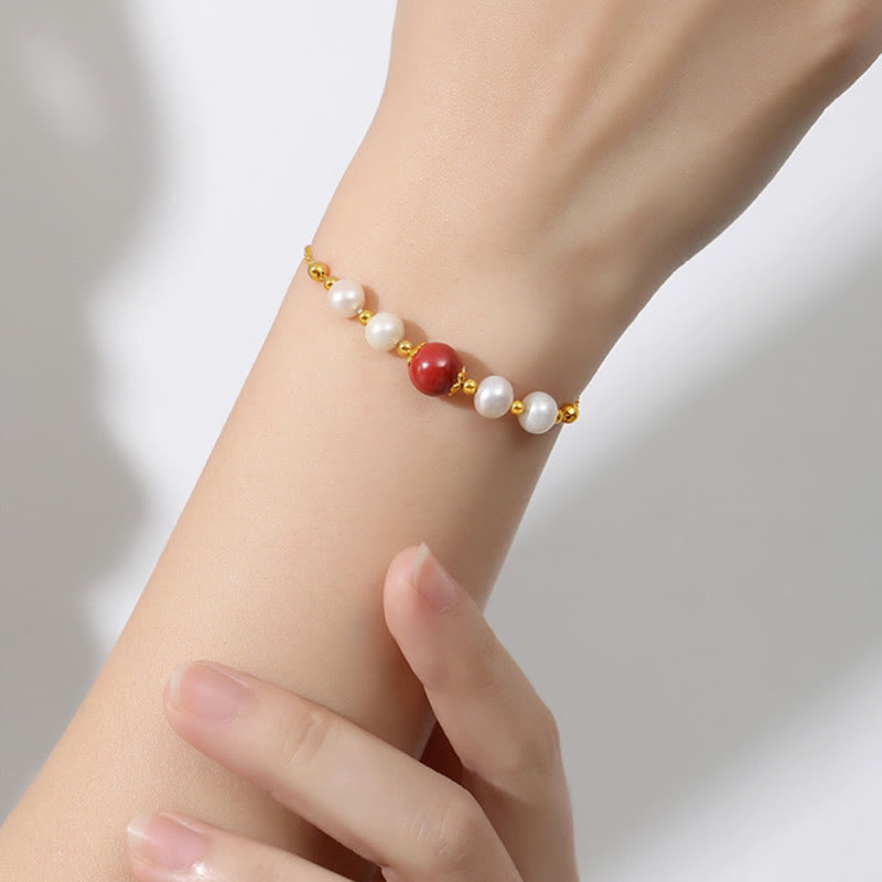 925 Sterling Silver Cinnabar and Pearl Bead Chain Adjustable Bracelet