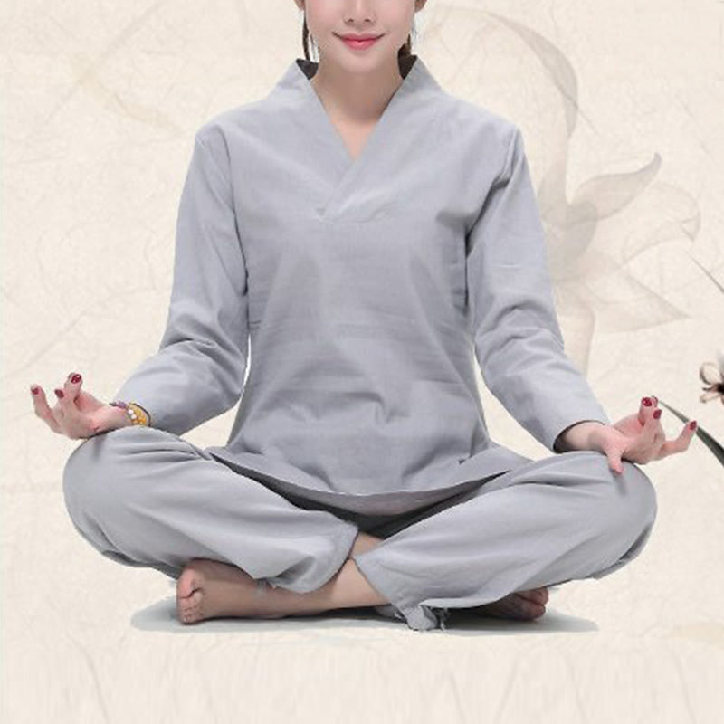 Zen Practice Yoga Meditation Prayer V-neck Design Uniform Cotton Linen Clothing Women's Set