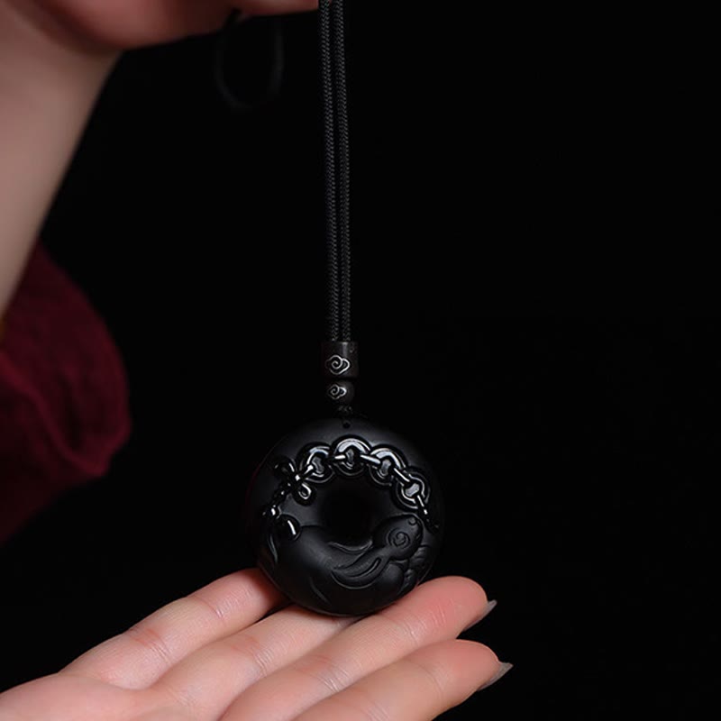Chinese Zodiac Natural Black Obsidian Peace Buckle Strength Necklace Pendant