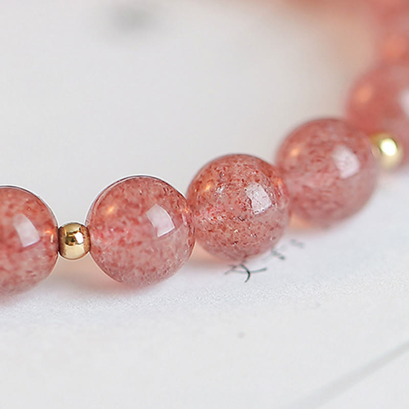 14K Gold Plated Strawberry Quartz Fu Character Healing Charm Bracelet