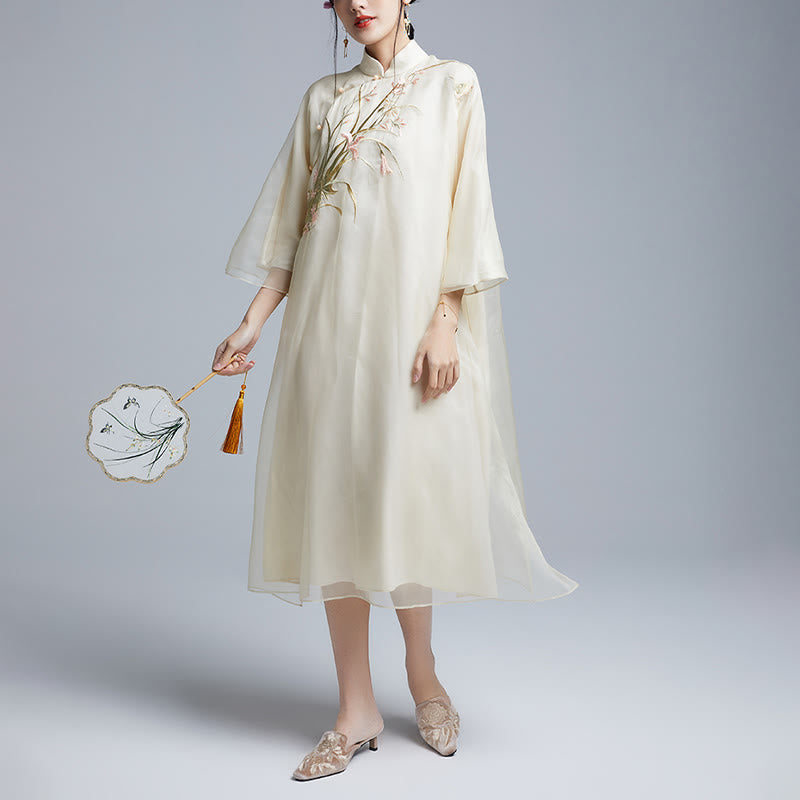 100% Mulberry Silk 6 Momme Dress Vintage Flower Butterfly Embroidery Qipao Dress Women's Cheongsam Dress