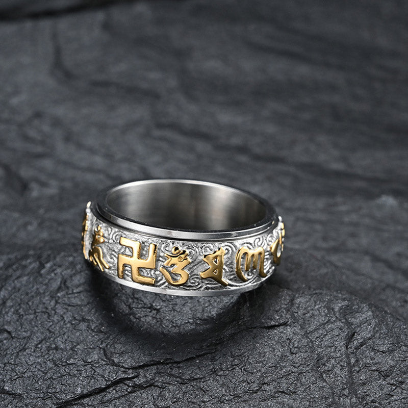 Six True Words Om Mani Padme Hum Titanium Steel Mantra Ring