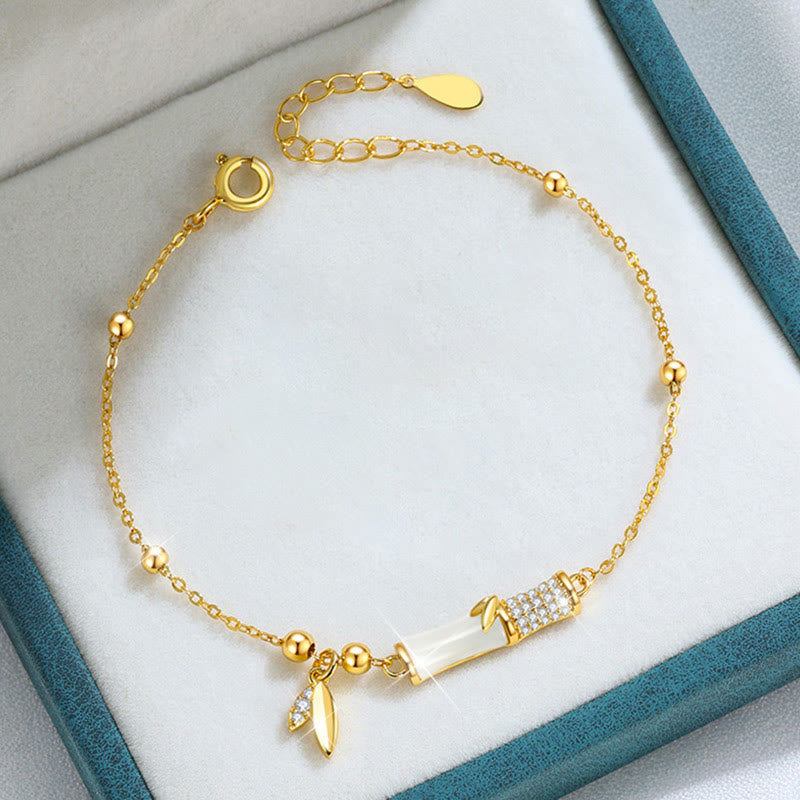 925 Sterling Silver 18K Gold Plated White Jade Bamboo Zircon Leaf Luck Bracelet