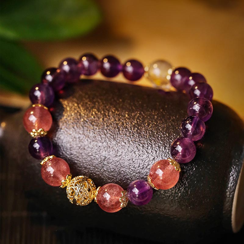 Natural Citrine Amethyst Rutilated Quartz Prosperity Protection Bracelet