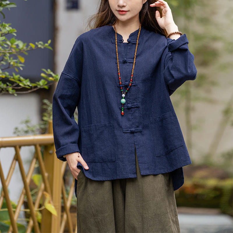 Frog-Button Design Shirt Tai Chi Meditation Top Clothing Ramie Linen Jacket