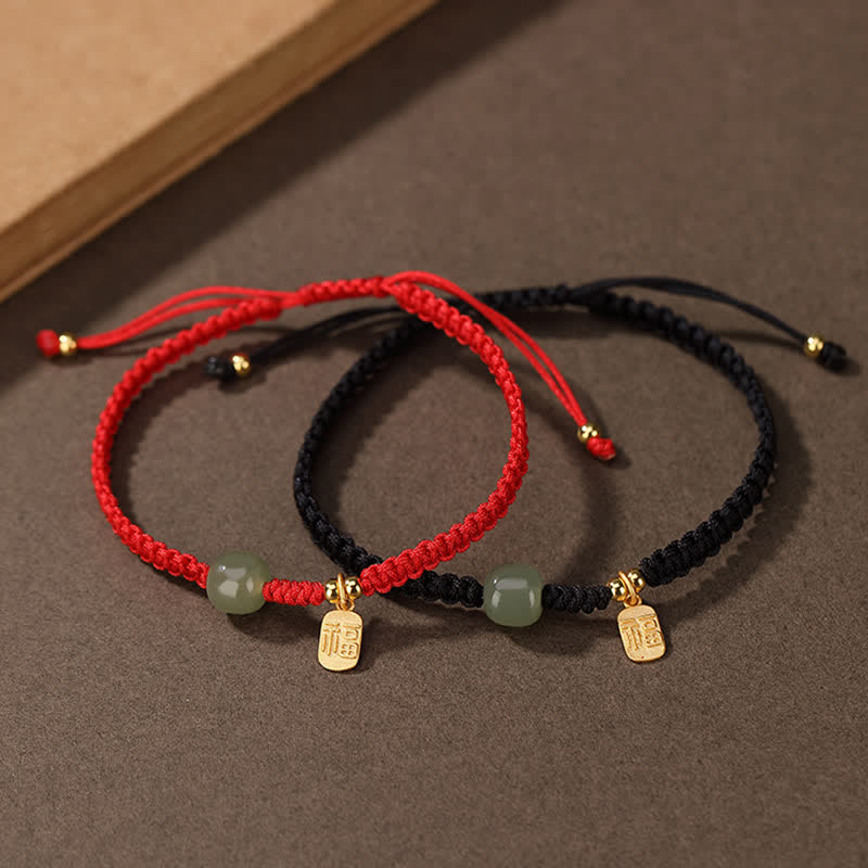 Sterling Silver & Hetian Jade Rabbit Blessing Adjustable Red String Bracelet