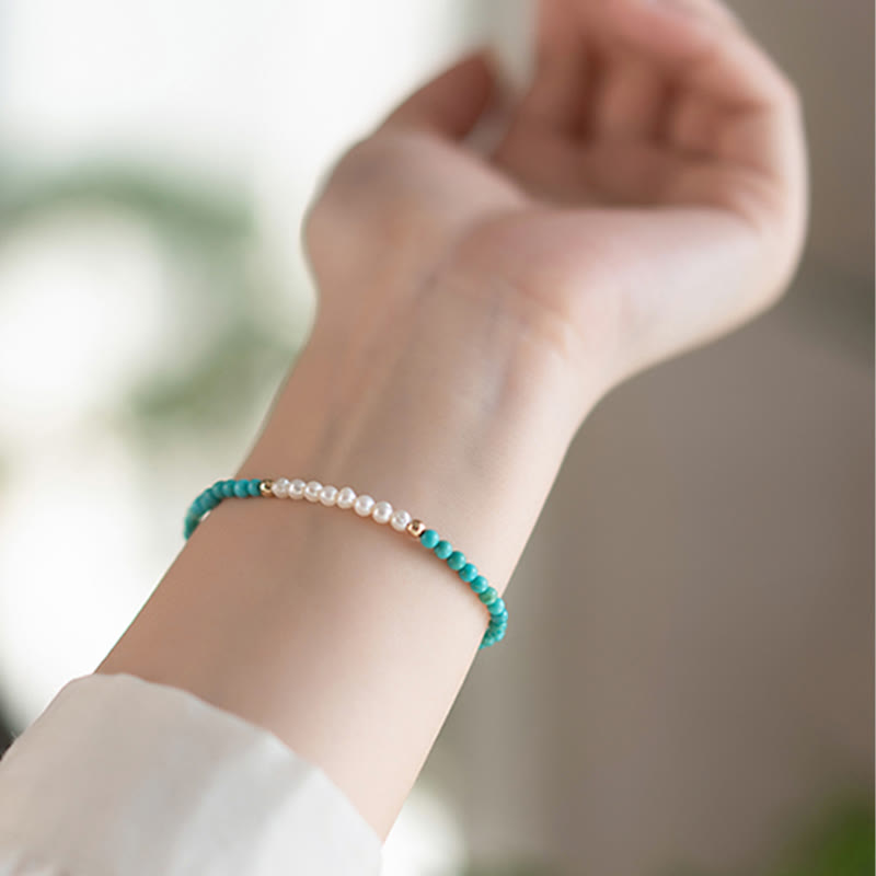Handcrafted 925 Sterling Silver Natural Turquoise and Pearl Beaded Gold-Tone Bracelet