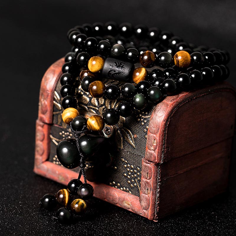 Natural Black Obsidian Rainbow Obsidian Gourd Blessing Bracelet Mala