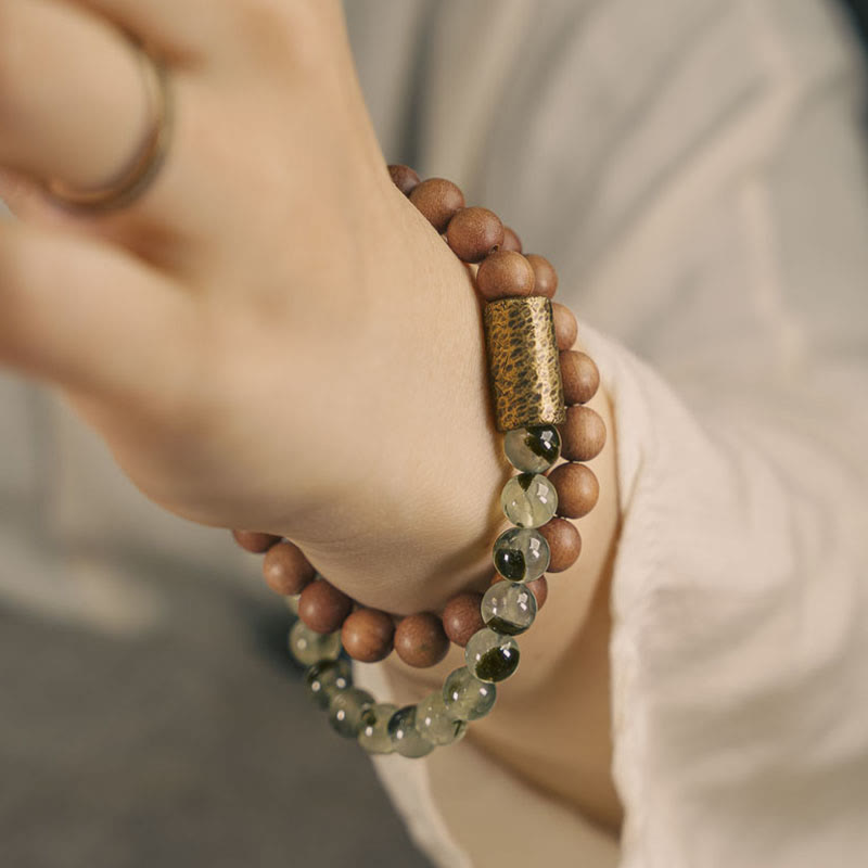 Natural Green Rutilated Quartz & Sandalwood Beaded Bracelet with Copper Accents
