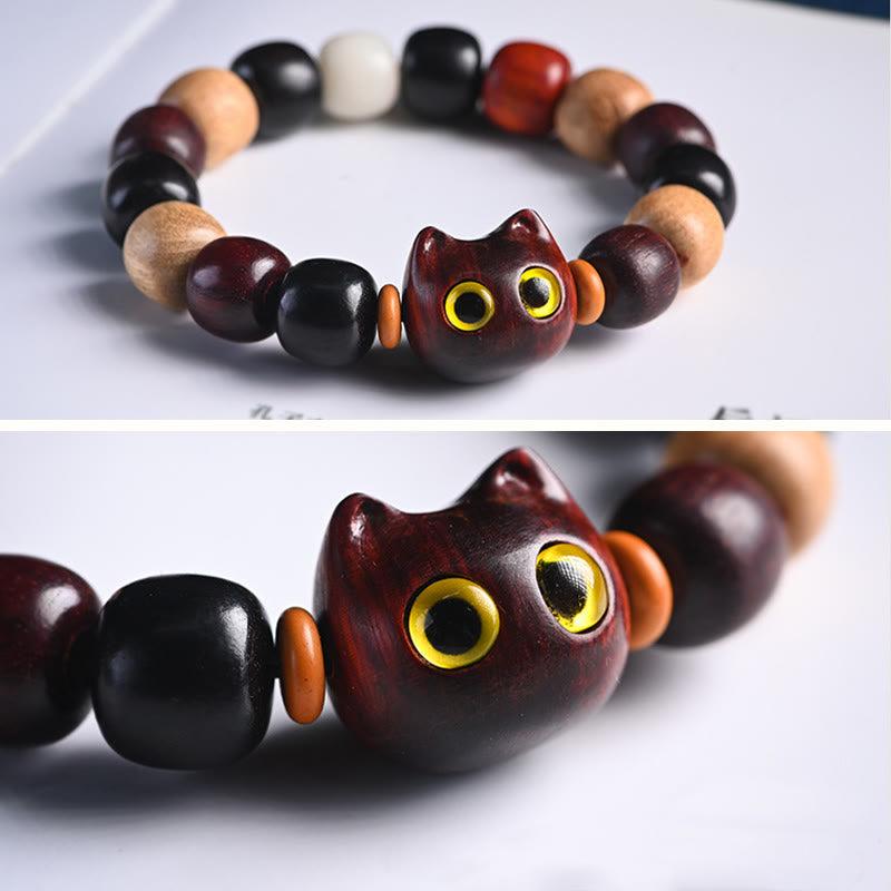 Small Leaf Red Sandalwood Ebony Wood Cute Cat Engraved Protection Bracelet