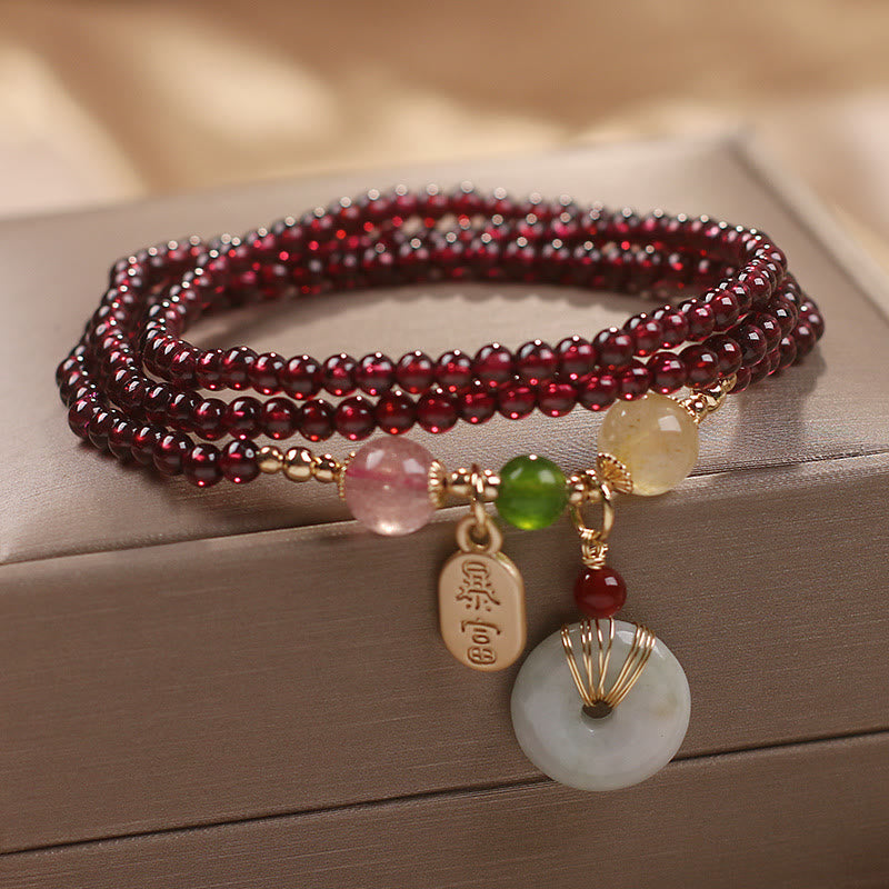 Natural Garnet & Strawberry Quartz Triple Wrap Bracelet with Jade and Citrine Accents
