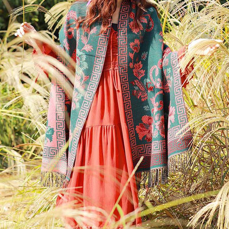 Tibetan Flowers Leaves Pattern Design Shawl Cozy Travel Scarf Wrap