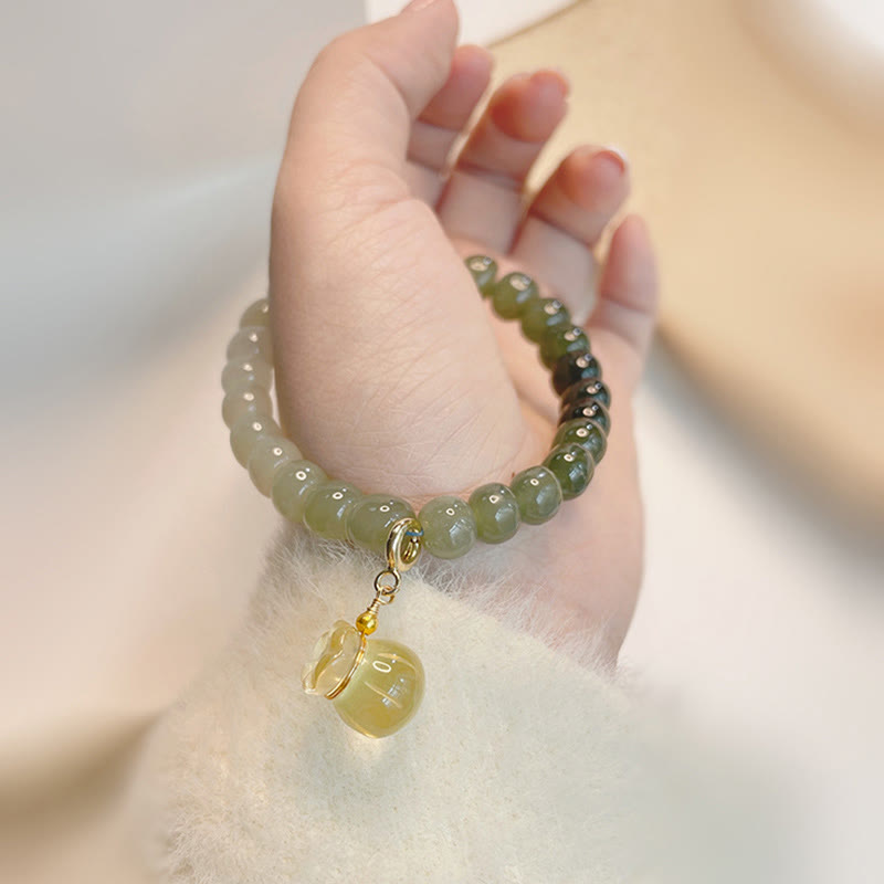 Natural Hetian Jade Beaded Bracelet with Symbolic Money Bag Charm