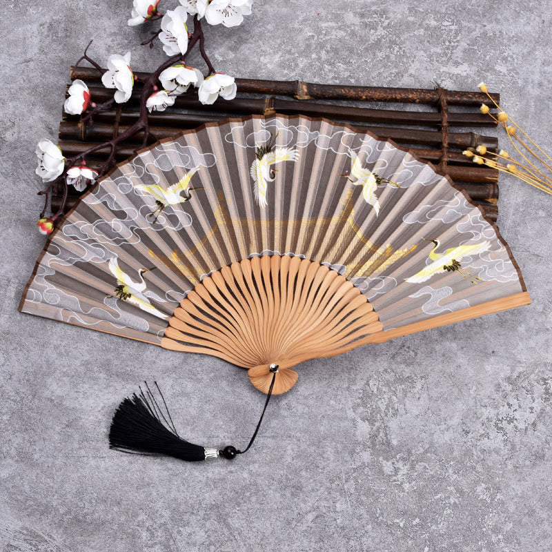 Vintage Cloud Crane Pattern Handheld Bamboo Folding Fan