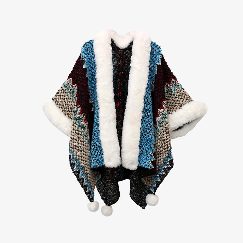 Tibetan Multicolored Wavy Lines Knitted Striped Shawl Coat Winter Cozy Travel Scarf Wrap