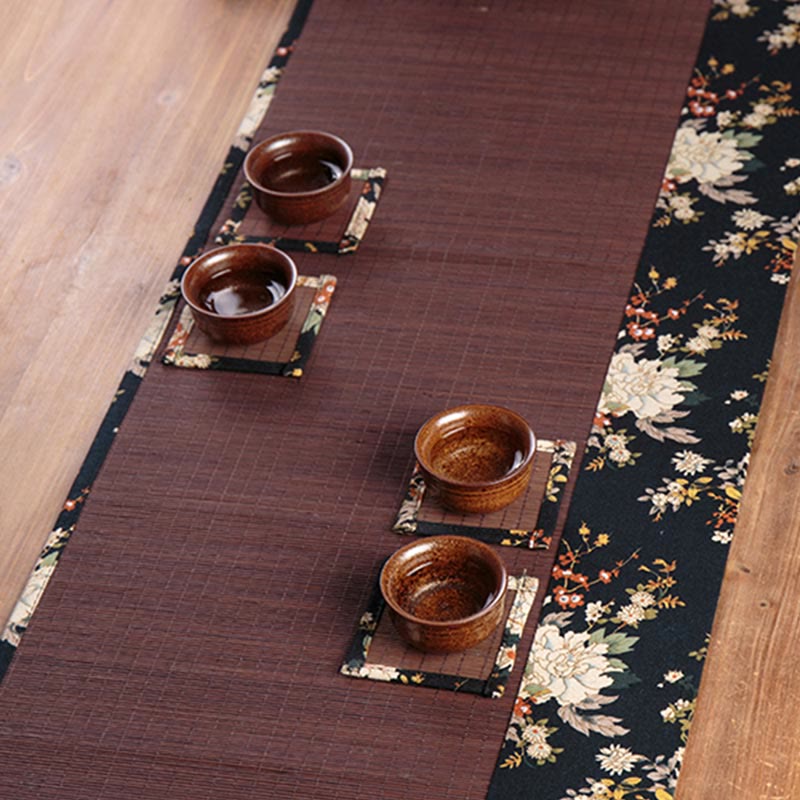 Vintage Peony Flower Blossom Bamboo Cup Mat Pad Tea Cup Coaster Kung Fu Tea Mat