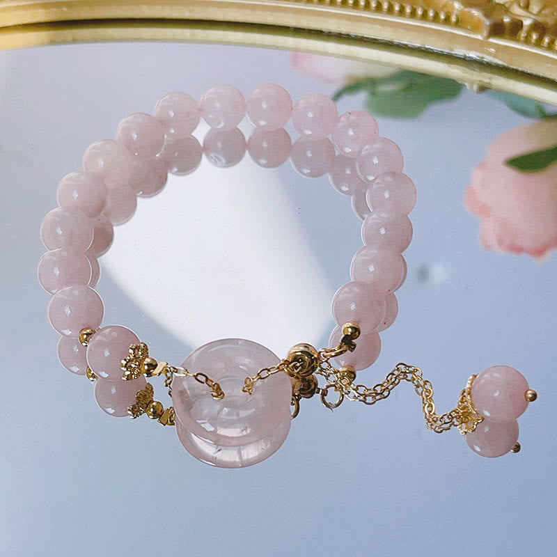 Natural Rose Quartz Beaded Bracelet with Ping An Kou Peace Buckle Charm