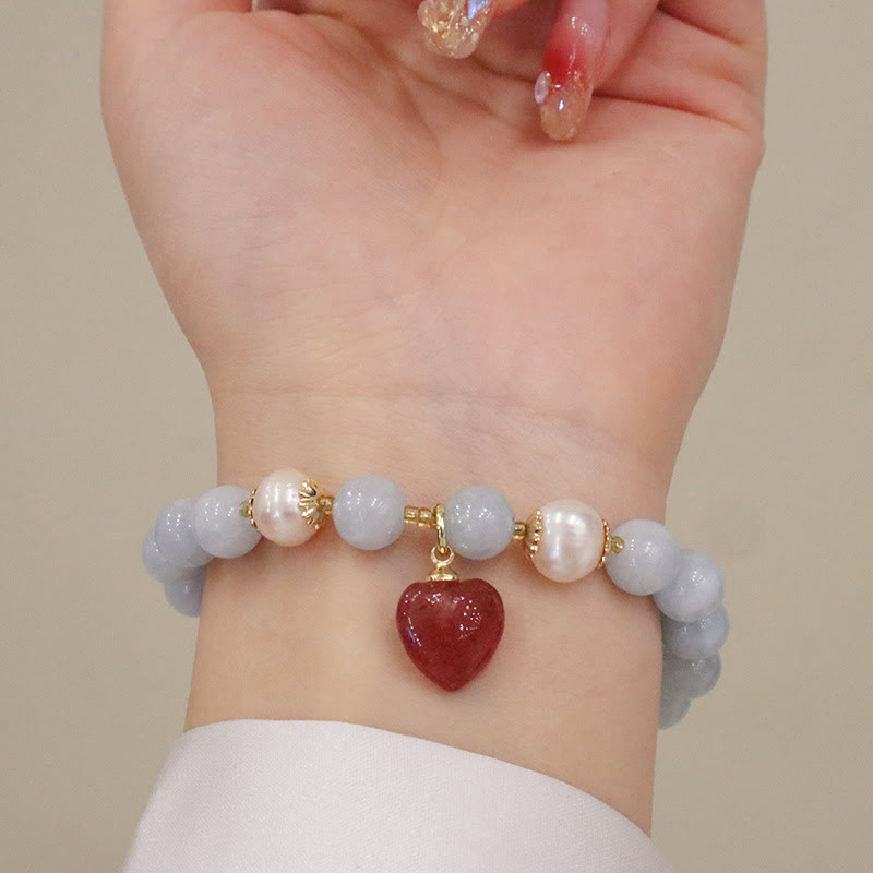 Natural Aquamarine & Chalcedony Beaded Charm Bracelet with Pearl & Symbolic Accents