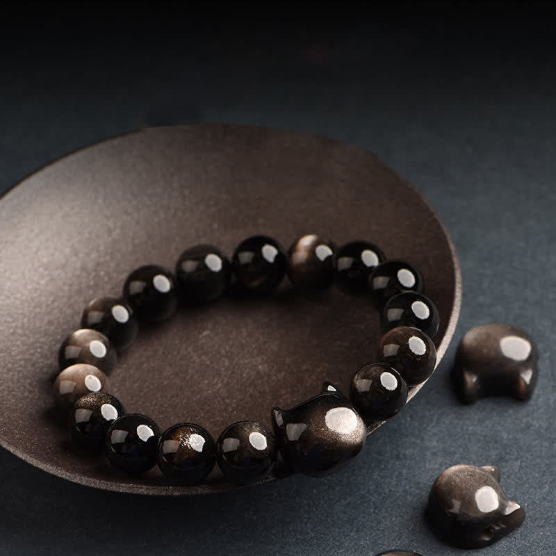 Handmade Gold & Silver Sheen Obsidian Feline Charm Beaded Bracelet