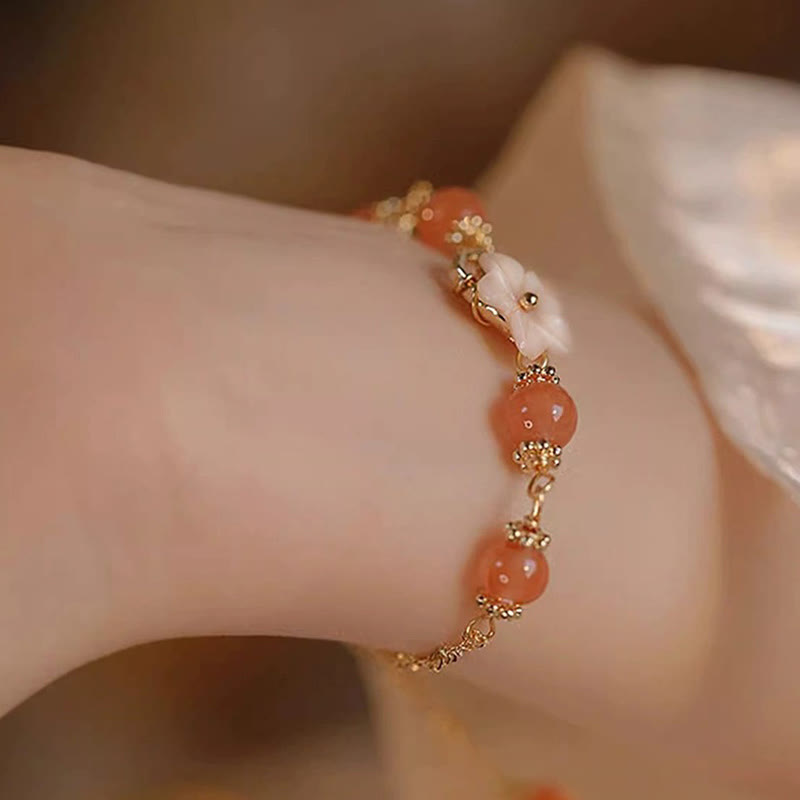 Red Agate and Tridacna Stone Flower Copper Detail Bracelet
