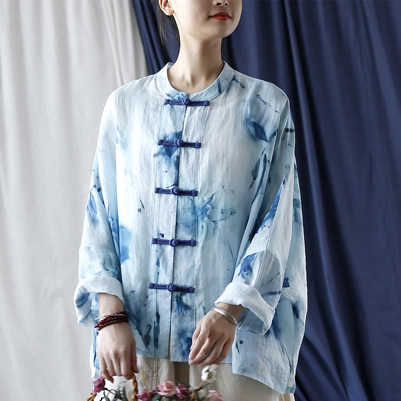 Tie Dye Blue Flowers Frog-Button Design Long Sleeve Ramie Linen Jacket Shirt